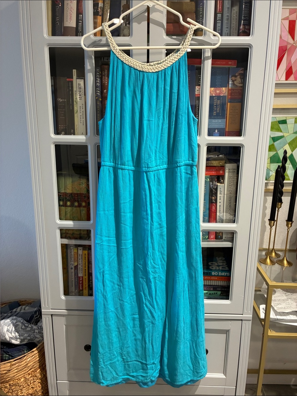 Nina Leonard Turquoise Sleeveless Maxi Dress with Braided Neckline